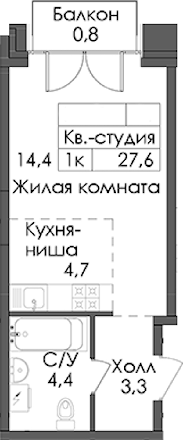 Квартира студия 27.6 м², 3/9 эт., ЖК «Лермонтовский 54»